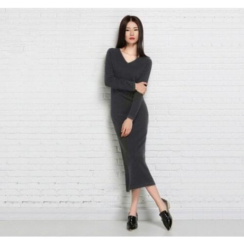 Europe and the United States ultra long v-neck sweater wool skirt sets women cultivate ones morality render cashmere sweater