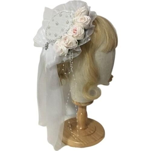 Sweet Lolita Pearl Beaded Mini Lace Top Hat with Rose Flower Ribbon Bowknot Kawaii Headdress Cosplay Hair Accessories H9ED