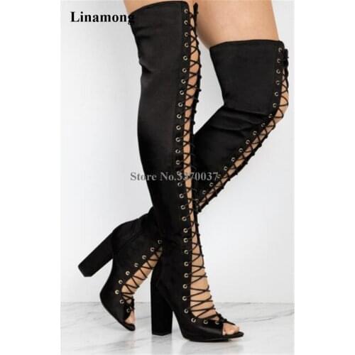 New Design Women Fashion Open Toe Lace-up Over Knee Thick Heel Gladiator Boots Cut-out Chunky Heel Boots Dress Shoes