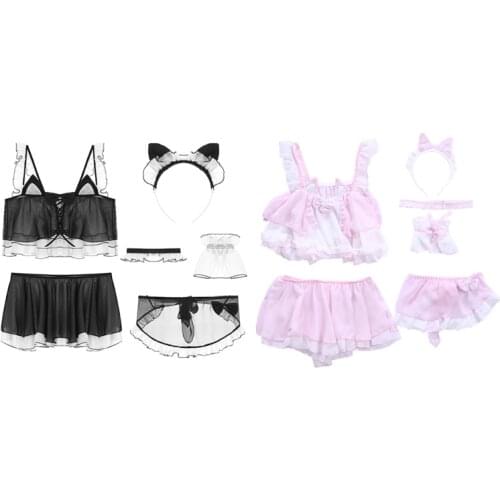 Womens Cute Cat Ears Cosplay Lingerie Set Lolita Anime Chiffon Ruffles Crop Top Skirt Apron Sexy Maid Costume Uniform Nightwear