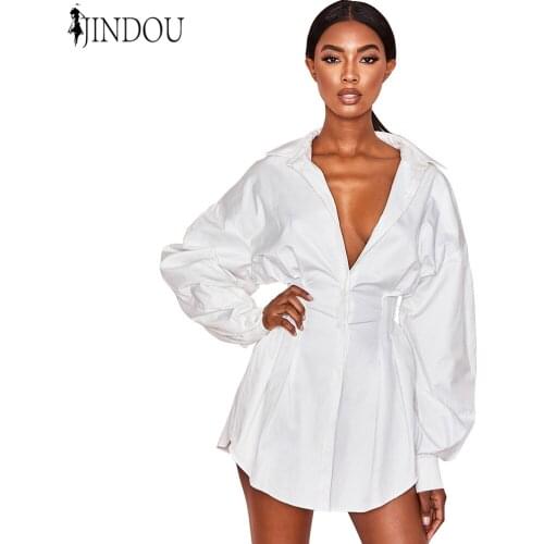 2020 wholesale white oversize button down puff sleeve womens short polo shirt dress