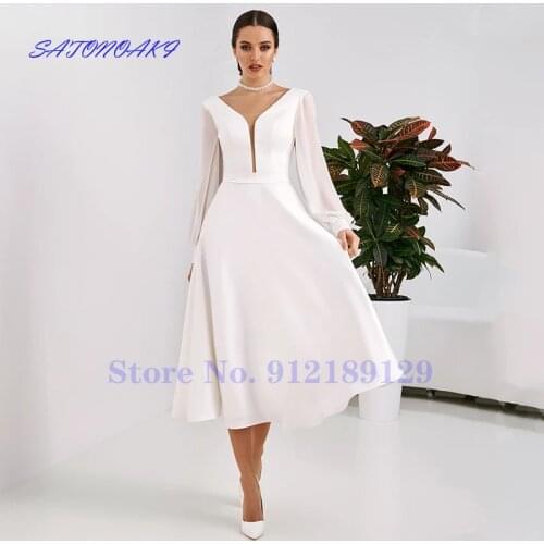 Tea Length White Wedding Dresses 2021 Modest Sheer V-Neck Long Sleeve Bridal Gowns Robe De Mariée Vestido Novia Sukienka Online