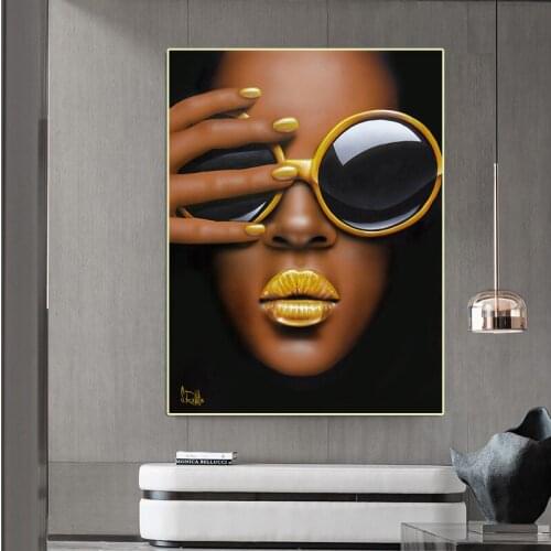 Gold Lip and Glassess Africa Girl Modern Decorative Prints Wall Painting Customize Canvas Photo Printing no frame Posters Prints