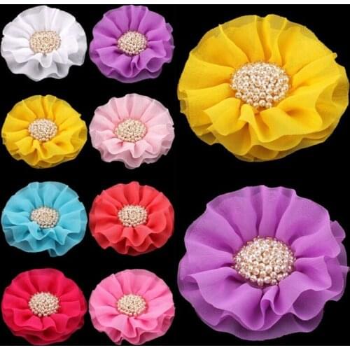 10pcs/lot 4" 15colors Hair Clip Ruffled Chiffon Flowers+Pearl Centre For Hair Accessories Artificial Fabric Flowers For Headband