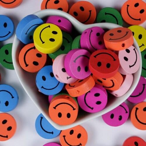 100Pcs Mixed Round Smiley Wooden Beads Charm Wood Loose Beads For Handmade Jewelry Making DIY Bracelet Necklace Accessories