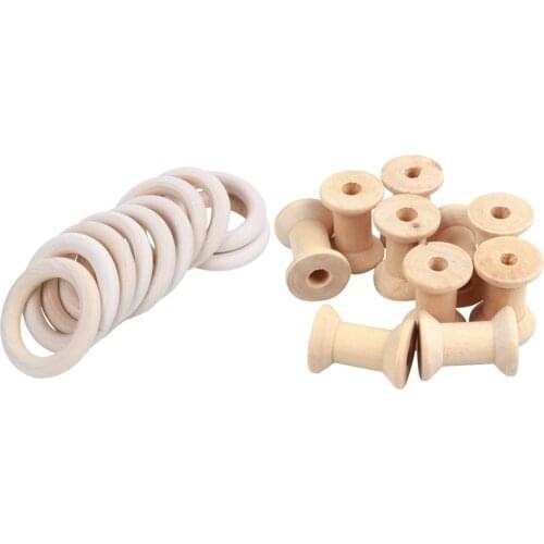 20 Pcs Wooden Accessories: 10 Pcs Diameter 50Mm Natural Wooden Rings & 10 Pcs 29Mmx23Mm Natural Color Empty Wooden Thread Spools