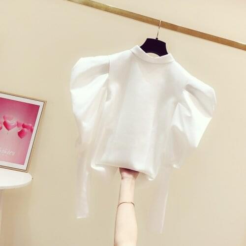 2021 Autumn Women Blouse Puff Sleeved Solid Short High Waist Fashion Design Office Lady Elegant Pulls Outwear Tops