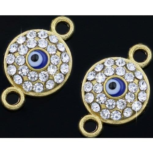 5pcs Gold Color Evil Blue Eye Crystal Charm Connector Pendants for Jewelry Making Bracelet DIY Handmade Craft 17x11mm