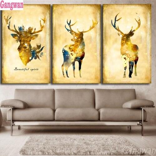 Modern retro deers 5D Diy full round square diamond embroidery 3d cross stitch set diamond painting mosaic 3 pcs set wall decor