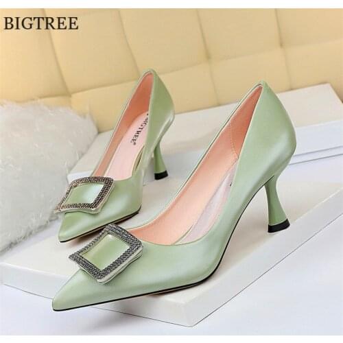 Fresh Green Elegant Crystal High Heels Women Pumps Silk Brand Pointed Toe Wedding Shoes Ladies Autumn Sexy Party Shoes Plus Size