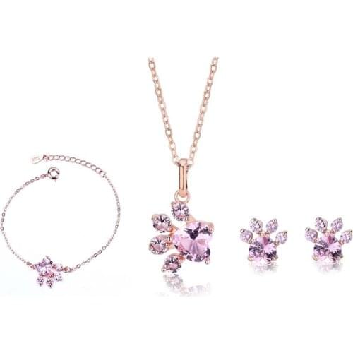 Necklace earring ring bracelet simple fashion cute paw crystal rhinestone colorful women jewelry set