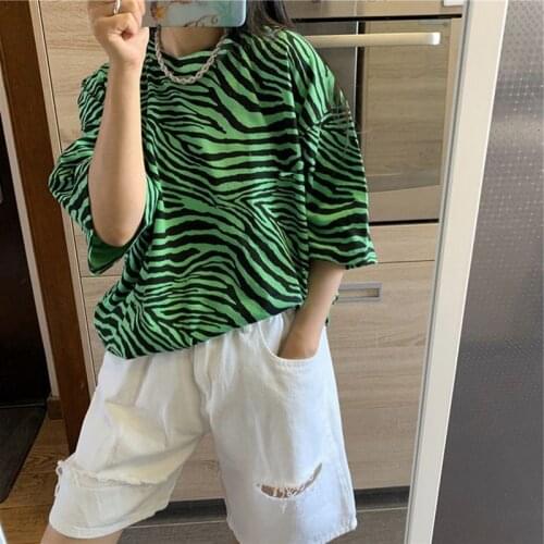 Women Cartoon Punk T-Shirt Oversize Streetwear Zebra Pattern Print Dropshipping Korean Hip Hop Y2K Green Short Sleeve Clothes
