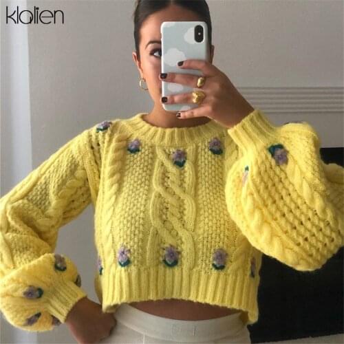 KLALIEN Autumn Fashion Floral Knitted Women Sweater High Street Casual Office Lady Sweet Cute Flowers Elegant Pullover Sweater