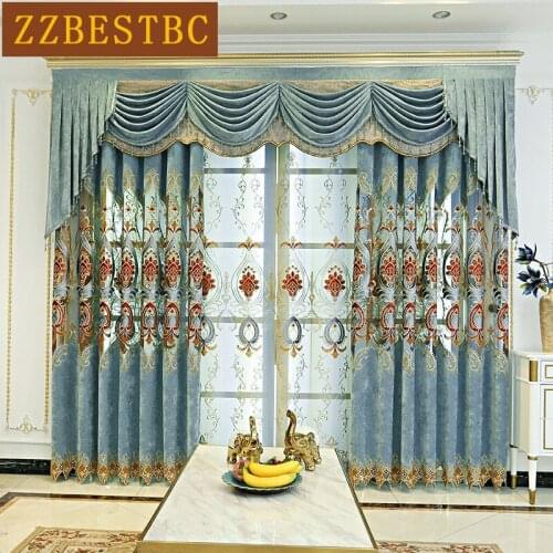 Blue Brown High Quality Embroidered Cashmere Embroidered Curtains With Luxurious Tulle Valance For Living Room Bedroom Kitchen