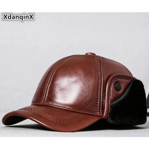 XdanqinX Men Real Genuine Leather Cap Fur Warm Earmuffs Hats Baseball Cap Mens Cowhide Leather Winter Hat Middle-aged Dads Hat