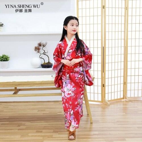 Girls Kimono Japan Traditional Robe Satin Yukata Child Print Dress Bridesmaid Flower Girl Clothing Silk Nightgown Peacock Robe