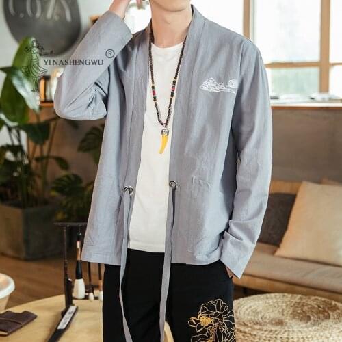Kimono Embroidery Japanese Long Sleeve Coat Costume Men Harajuku Style Japan Haori Cardigan Traditional Print Loose Shirt Yukata