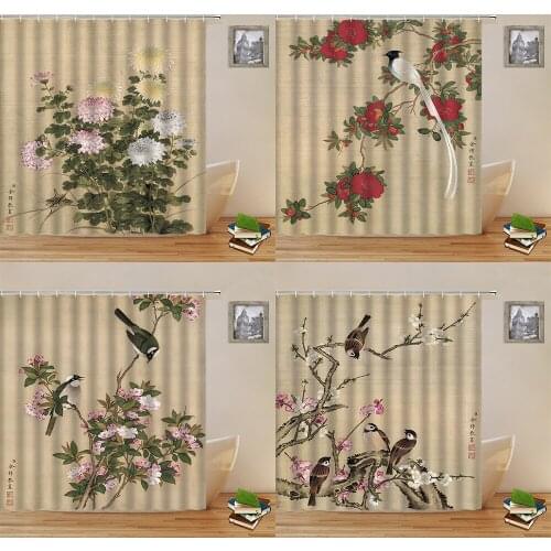 Chinese Style Flowers and Birds Landscape Shower Curtains Spring Floral Plant Ink Painting Bathroom Decor Hanging Curtain Set
