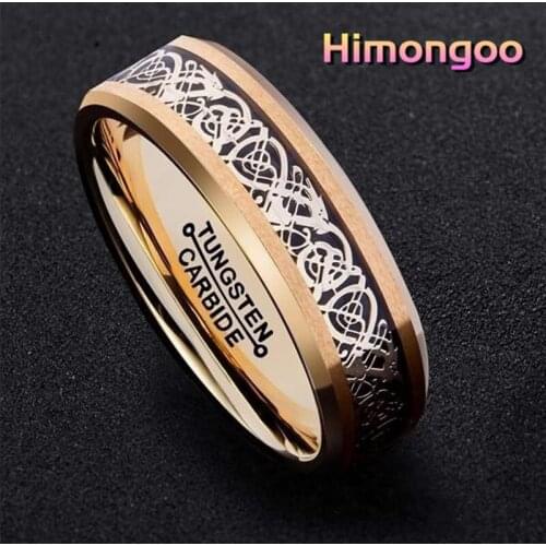 HIMONGOO 6MM Gold Mens Tungsten Carbide Ring Engagement Wedding Band Inlay Dragon Carbon Fibre Comfort Fit