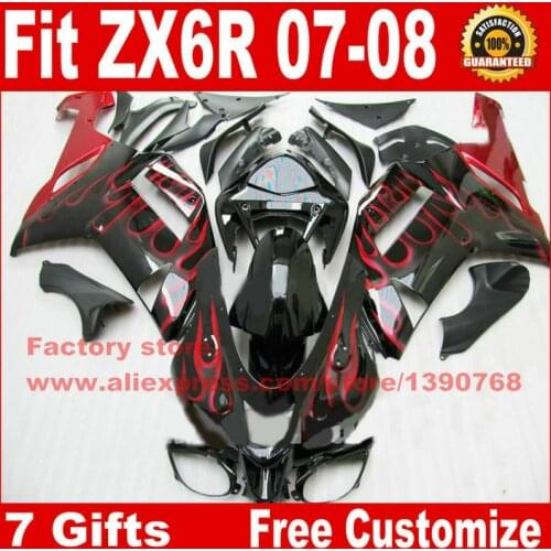 Hot fairings for Kawasaki ZX6R fairing kits 2007 2008 red flames in black plastic bodywork parts ZX-6R 07 08 Ninja 636 CS23