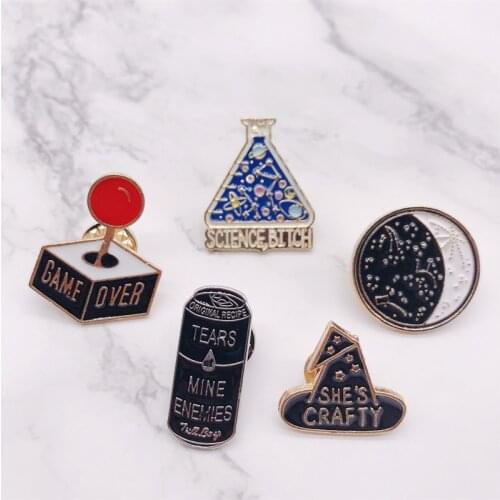 Cartoon Fashion GAME OVER Bottle Enamel Pins SHES CRAFTY Hat Button Badge Brooches Bag Shirt Women Jewelry Gift For Kids