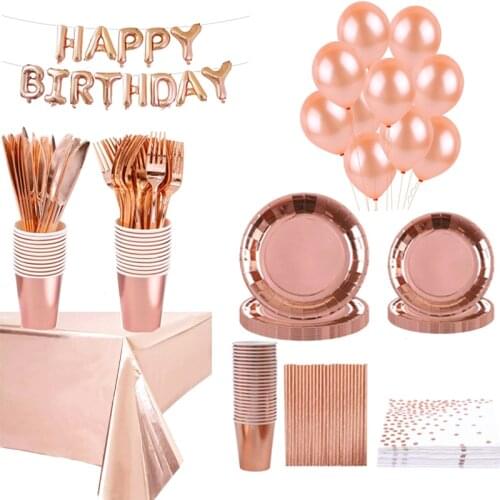 Rose Gold Disposable Tableware Set Straws Plate Paper Cup Napkin For Wedding Birthday Party Baby Shower Decoration Supplie