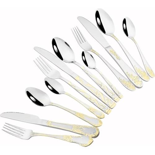 Mirror silver 18/10 Stainless Steel Dinnerware Sets High Grade Knife Fork Spoons Cutlery Kits Plated Floral Pattern Tableware