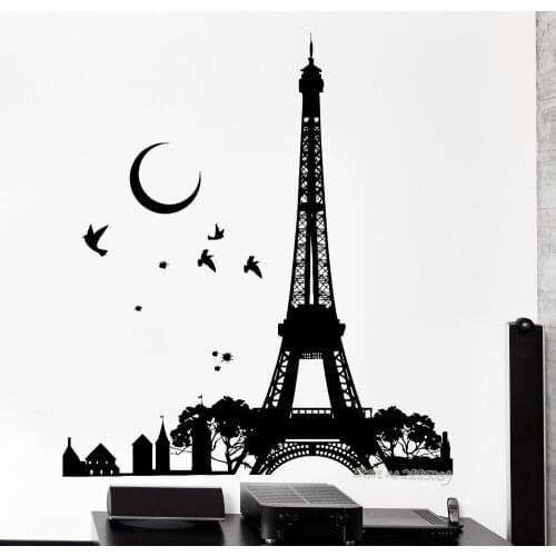 Wall Decal Romantic Paris France Eiffel Tower Night Moon Birds Vinyl Wall Stickers Wallpaper Art Decor Mural Room Decals LA547