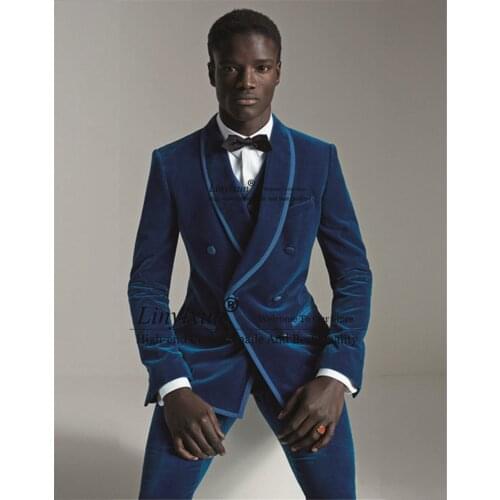 Latest Design Royal Blue Velvet Men Suit Double Breasted Slim Fit Wedding Groom Tuxedo Prom Party Blazer 3Piece Jacket+Pant+Vest