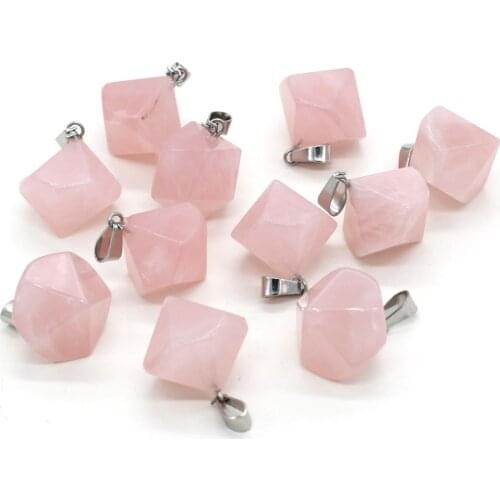 Natural Crystal Stone Pendants Polyhedral Real Rose Quartzs Healing Stone Charms for Jewelry Making Women Necklace Bracelet Gift