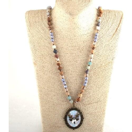 MD Fashion Bohemian Tribal Jewelry Multi Stone Beige Glass Long Knotted Metal Pendant Necklaces For Women Necklace