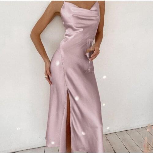 Sexy Satin Elegant Party Dress Slim Split Midi Long Women Dresses Spring Sleeveless Silky Pink And Black Vestido A-Line Clothes