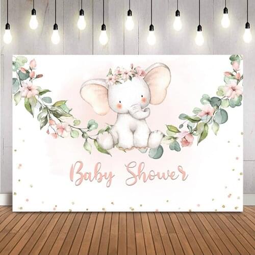 Elephant Baby Shower Backdrop Green Leaves Girls Pink Gender Reveal Party Decoration for Baby Shower Banner