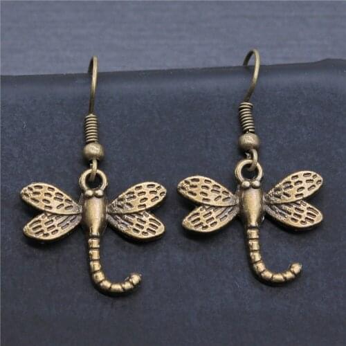 Vintage Antique Bronze Color 21x18mm Dragonfly Charms Drop Earrings Fit Women Party Gift Jewelry Handcrafts