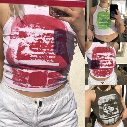 Vintage Print Cropped Tanks Aesthetic Crop Top Sleeveless Skinny Corset Tops Female Summer Basic Tee Tops
