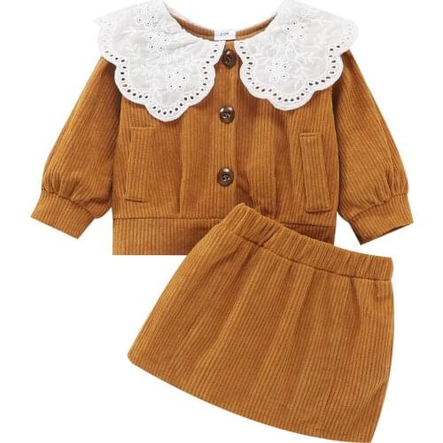 0-3Years Autumn Infant Baby Girl Corduroy Two-piece Outfits Cute Casual Lace Ruffles Collor Long Sleeve Coats+Mini Skirts Solid