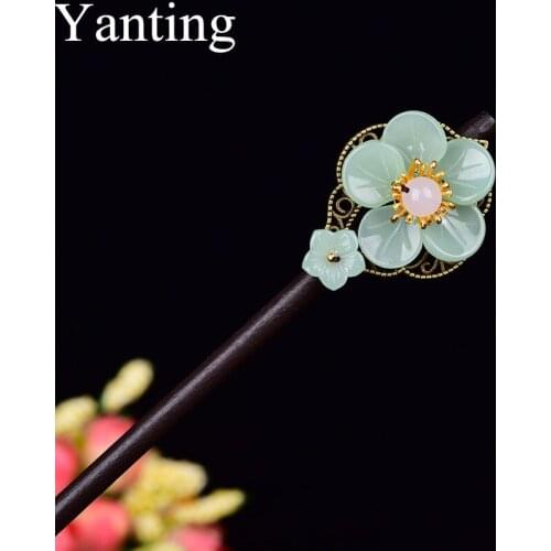 Yanting Women Wedding Accessories Handmade Ethnic Hair Stick Glass Glazed Flower Hair Ornaments Wood Hairpin Head Jewelry 0136