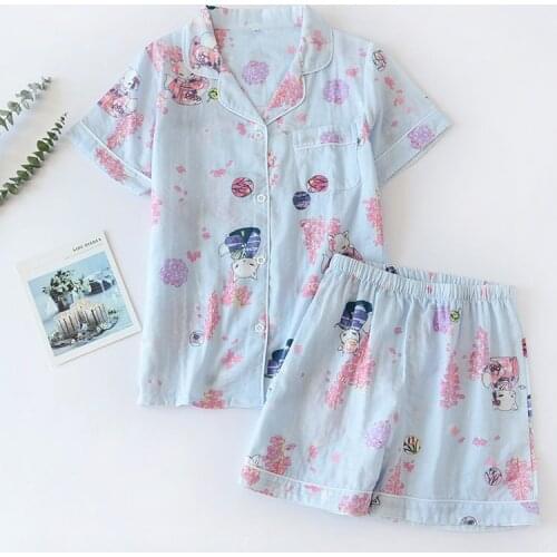 Japanese Simple Short Pyjamas Women 100% Cotton Short Sleeves Ladies Pajama Sets Shorts Cute Cartoon Sleepwear Women Homewear