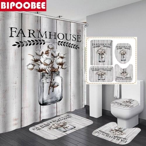 Farmhouse Wood Flowers Printing Bathroom Curtains Waterproof Polyester Shower Curtain Non-slip Kitchen Bath Mat Set Home Decor