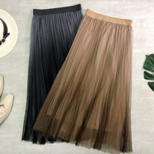 Women Summer Double Layer Mesh Skirt Gradient Color High Waist Pleated A-line Tulle Skirts Elegant Style Midi Skirt Long Skirt