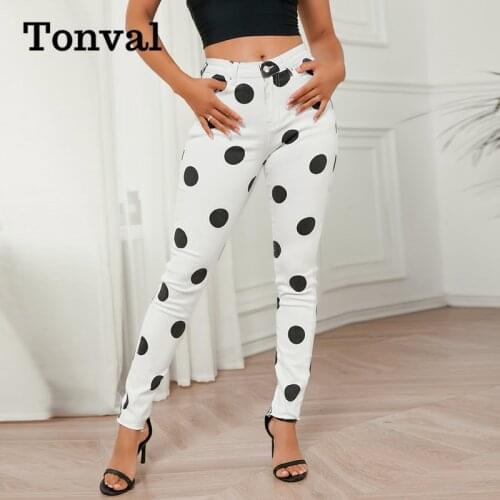 Tonval Polka Dot Vintage Pencil Jeans Women High Waist White Denim Trousers Streetwear Stretchy Slim Skinny Jeans