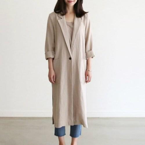 2020 Women Autumn Cotton and Linen Long Trench Coat Full Sleeve Single-Button Split Hem Loose Thin Jacket