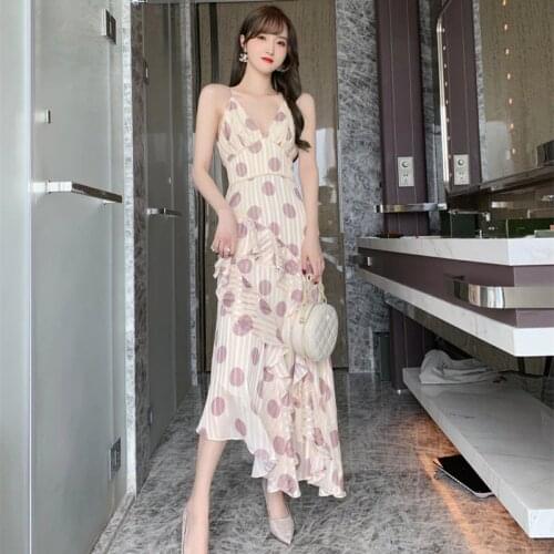 2020 Elegant Sexy Party High-end Asymmetrical Dresses Women V Neck Ruffle Dress Summer Dot Spaghetti Strap Vintage Chic Dress