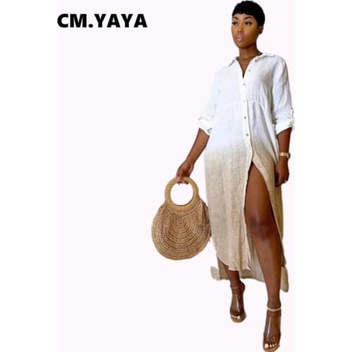 CM.YAYA Women Long Dress Gradient Color Three Quarter Sleeve Single Breasted Loose Straight Dresses Casual Vestidos Summer 2021