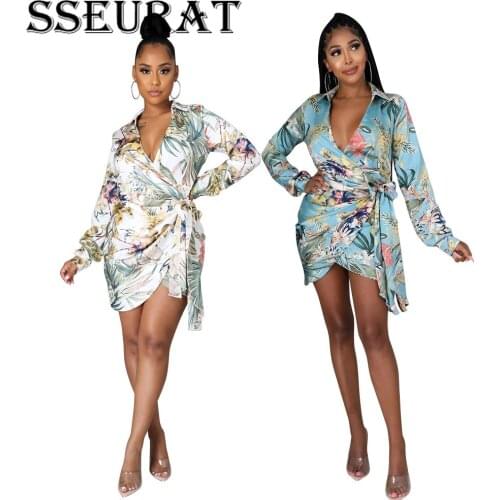 SSEURAT Women Dress Print Full Sleeve Turn-down Collar Lace-up Skinny Mini Dresses Sexy Fashion Vestidos Autumn 2021