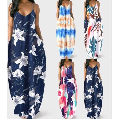 Summer New Women Dress Loose Vintage Print Spaghetti Strap Female Dress Soft Holiday Pockets Casual Ladies Vestidos