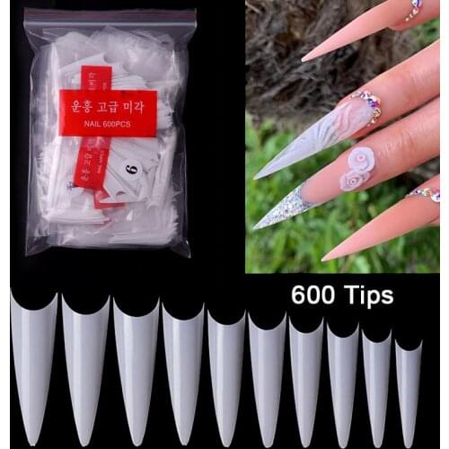 600 Pcs False Nail Tips with 10 Sizes Nail Tips Stiletto French Acrylic Fake Nails ABS Tips Artificial 0 -9 Nail Art Tips