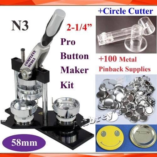 Free Shipping Pro N3 2-1/4":58mm Badge Button Maker Machine +Adjustable Circle Cutter+100Sets Metal Pinback Supplies