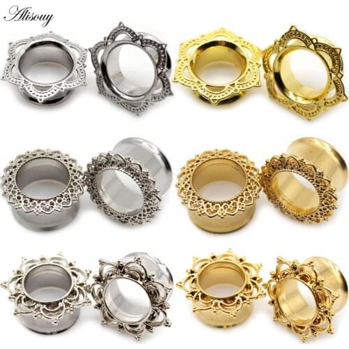Alisouy 2pcs Copper Brass Stainless Steel Flower Ear Plugs Tunnel Expanders Stretcher Gauges Flesh Piercing Earring Body Jewelry