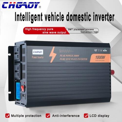CHGAOY 1000W Pure Sine Wave Power Inverter 12V DC to 110 V AC with 2 AC Outlets 2 Battery Cables with LCD Display Car Boat Inver